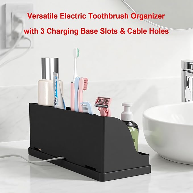 Large Toothbrush and Toothpaste Holder with Drain Tray, Black Silicone Shower Bathroom Vanity Organizer, 7 Compartments Bathroom Organizer Countertop Toothbrush Caddy