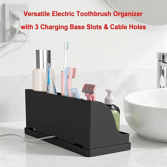 Large Toothbrush and Toothpaste Holder with Drain Tray, Black Silicone Shower Bathroom Vanity Organizer, 7 Compartments Bathroom Organizer Countertop Toothbrush Caddy