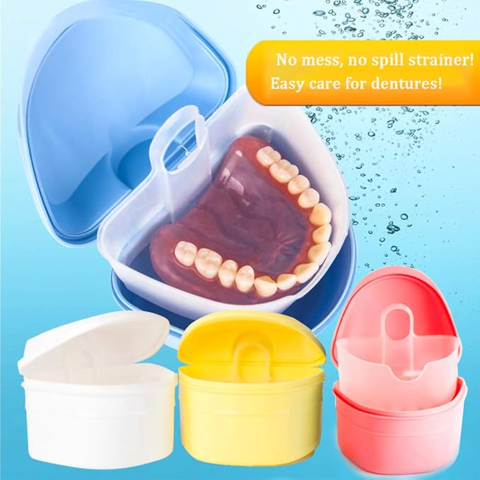 Denture Bath Box Cup, Complete Clean Care for Dentures, Clear Braces, Mouth Guard, Night Guard & Retainers,Traveling (Blue & Purple)