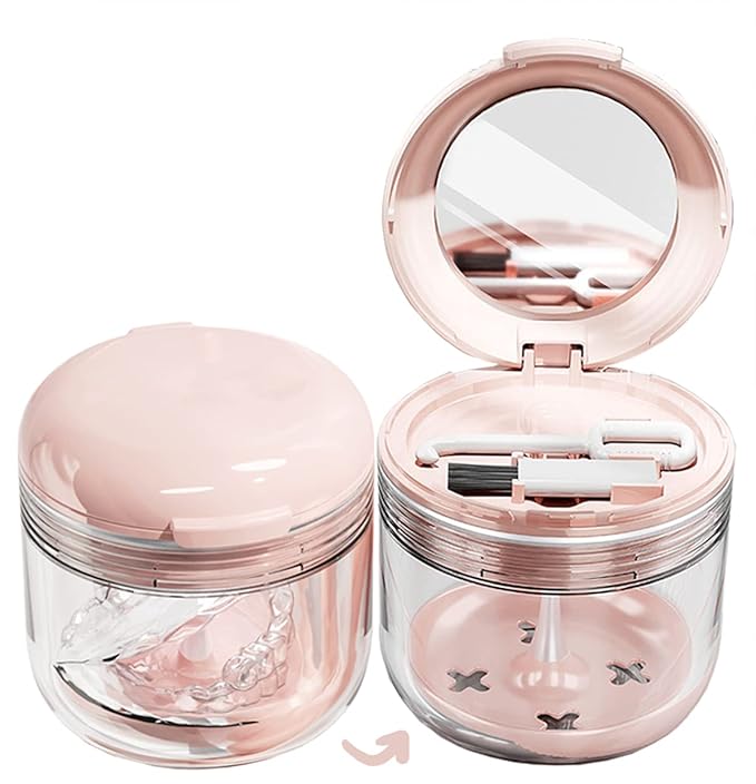 MURRI&MURRDI Retainer Mouth Guard Soak Container Box, Denture Bath Case with Strainer Basket, Braces Cleaner Cup Leak Proof, Travel Cleaning Storage Holder for Invisalign Aligners Dental, Pink