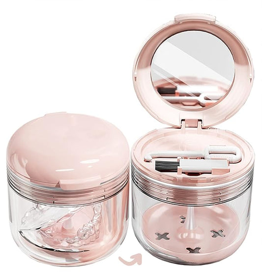 MURRI&MURRDI Retainer Mouth Guard Soak Container Box, Denture Bath Case with Strainer Basket, Braces Cleaner Cup Leak Proof, Travel Cleaning Storage Holder for Invisalign Aligners Dental, Pink