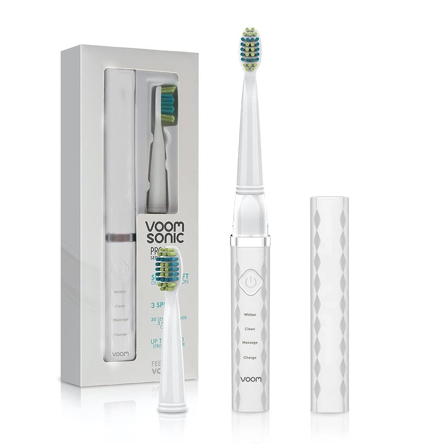 Voom Sonic Pro 3 Rechargeable Electric Toothbrush With Soft Dupont Nylon Bristles Dentist Recommended Portable Oral Care 2-Minute Timer 3 Adjustable Speeds Light Weight Design - White