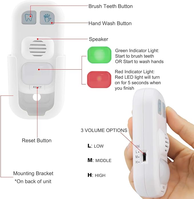 LUXSWAY Kids Musical Timer for Teethbrushing with 3 Level Volume, 20 Seconds Handwash Timer and 2 Minutes Teeth Brush Musical for Kids Training, Battery Powered Indicator LED Light