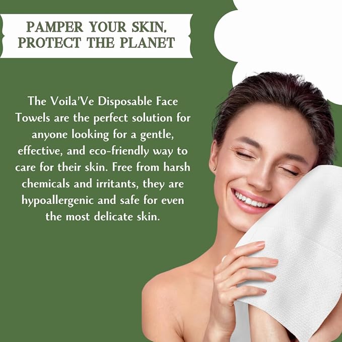 VoilaVe Disposable Face Towels -100% Cotton Biodegradable Makeup Remover Dry Wipes, Ultra Soft Lint Free Facial Cloth | Clinically Tested Eco-Friendly Towelettes For Sensitive Skin - XL 10 x 12"- 50 C