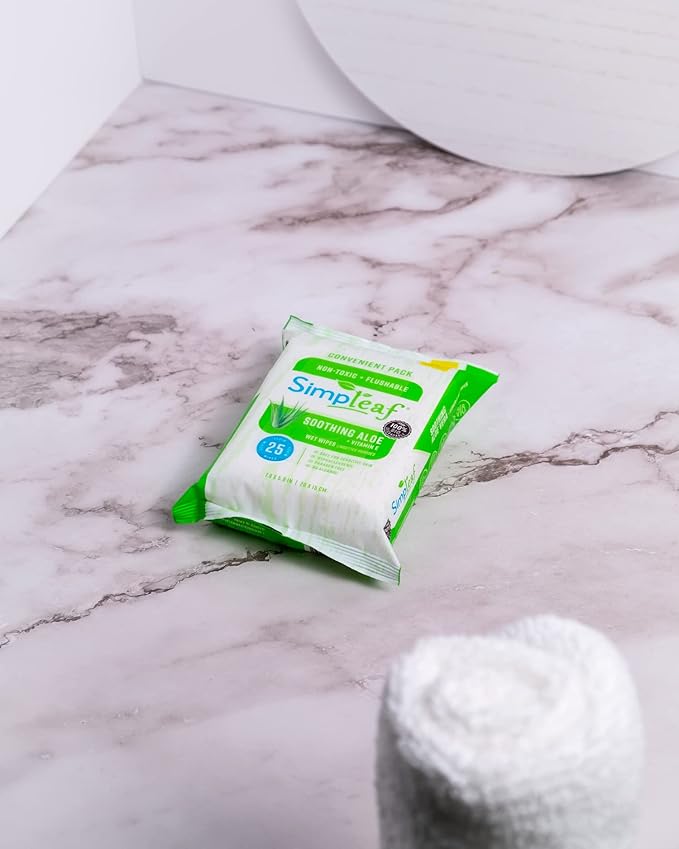 Simpleaf Flushable Wet Wipes Aloe Vera| Eco-Friendly, Paraben & Alcohol Free | Hypoallergenic & Safe for Sensitive Skin | Soothing Aloe Formula | (6 x 25 Counts Convenient Pack) 150 Counts Total