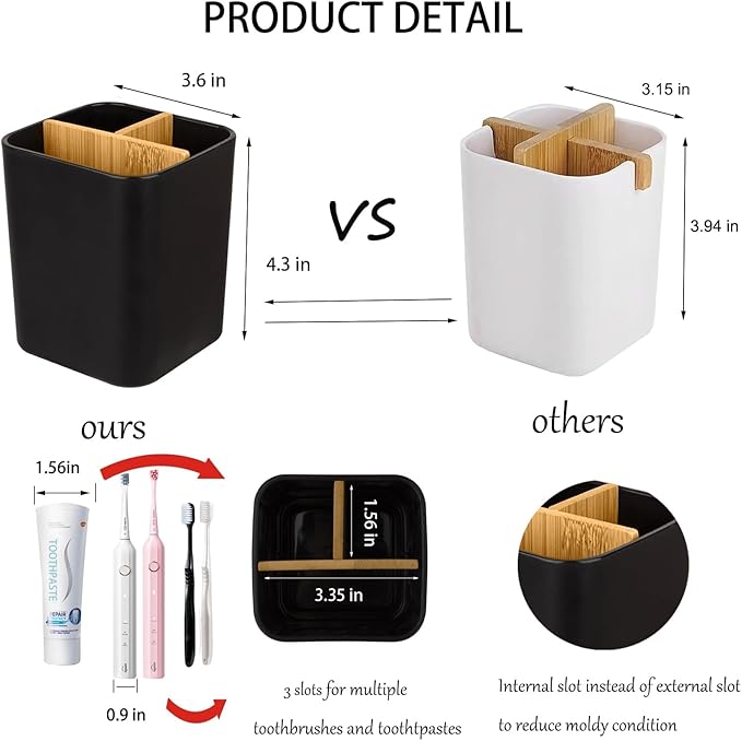 Bamboo Toothbrush Holder for Bathrooms, 3 Slots Toothbrush and Toothpaste Holder Bathroom Counter Organizer for Electric Toothbrushes, Floss, Razors, 2 Pack, Black