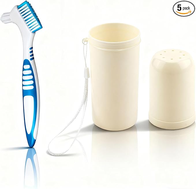 Denture Cleaning Brush Set,Unique Anti-Mold Perforated Breathable Cover Denture Brush with Case, Multi-Layered Soft Bristles Ergonomic Rubber Handle for Denture Toothbrush (1)
