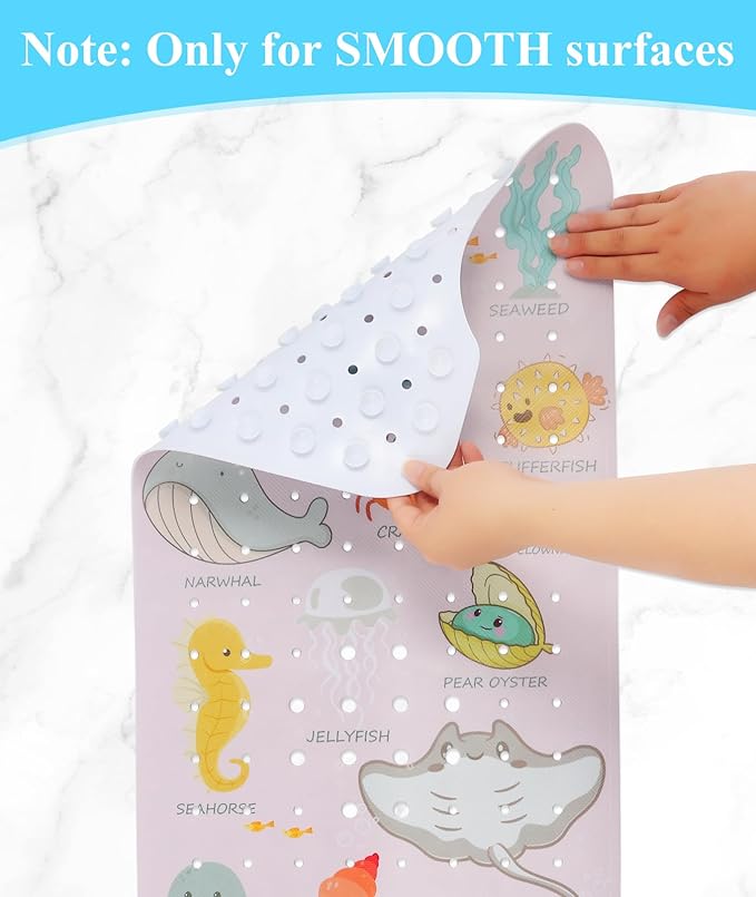 Bath Mat for Tub Non Slip, Machine Washable Anti-Slip Cartoon Baby Bathtub Shower Mat with Drain Holes and Suction Cups for Toddler & Kids, 40 Inch x 16 Inch, Pink Sea Animals