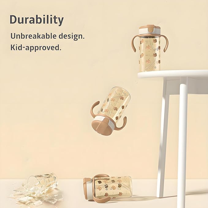 Evorie Tritan Spill Proof Toddler Straw Sippy Cup, 10 oz for Baby and Toddlers 1-3 Years Old, No Spill Straw Water Bottle with Removable Handles, Ideal for School, BPA-Free, Honey Bear