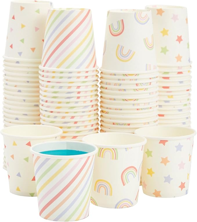 Sparkle and Bash 100 Pack 4 Oz Mini Disposable Paper Cups for Espresso, Mouthwash, Tea, Coffee - Rainbow
