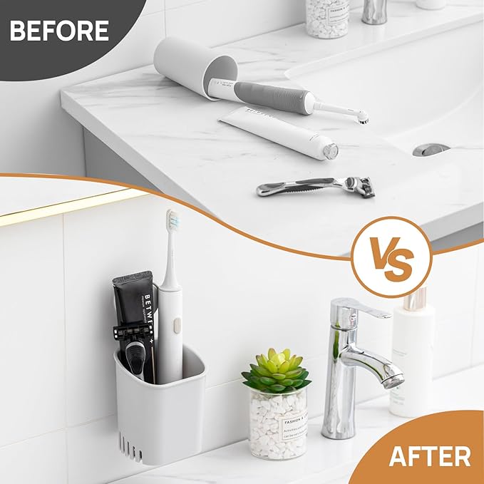 LEVERLOC Powerful Suction Cup Toothbrush Holder, Drill-Free Wall Shower Holder for Toothbrush, Toothpaste, Razor, Removable Suction Cup in Shower, Self-draining Kitchen Tableware Organizer, Gray