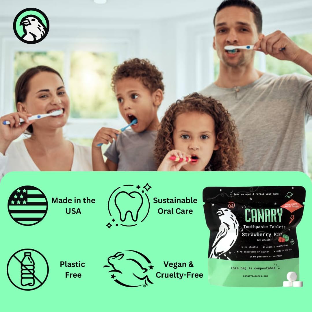 Canary Nano Hydroxyapatite Toothpaste Tablets Strawberry Kiwi - Remineralizing, Fluoride Free, All Natural Tabs with Xylitol - Great for Kids, Plastic Free - 189 Count