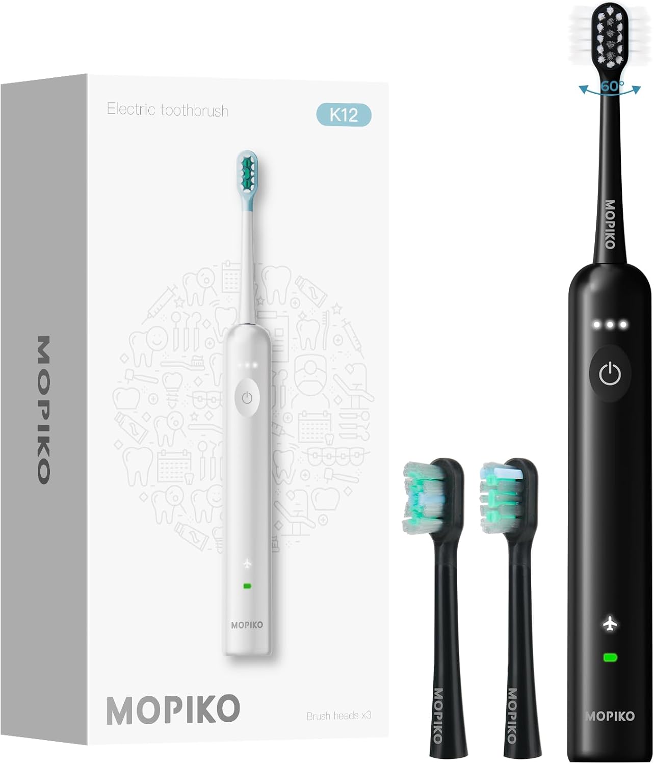 Sweep Sonic Electric Toothbrush for Adults - Rechargeable Power Toothbrush with 2 Replacement Brushheads, Touch Control Sweep Sonic 4 Modes Ultra Clean, IPX7 Waterproof, Black