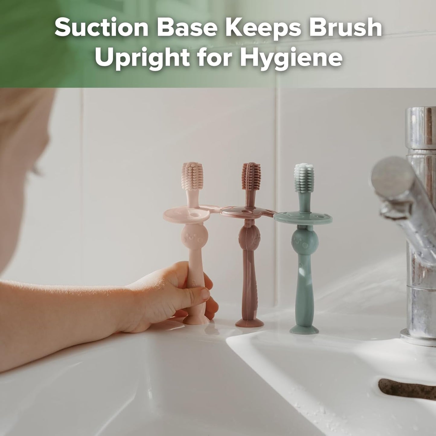 haakaa 360° Baby Toothbrush with Suction Base - Gentle Cleaning for Toddler's Self-Brushing Training, Food-Grade Silicone, Adjustable Safety Shield - Dusty Pink (1 Piece)