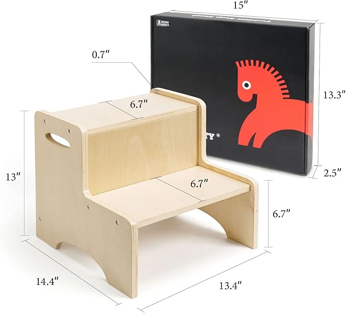 WOOD CITY Wooden Toddler Step Stool for Kids, Bathroom Potty Stool & Kitchen Stool, Natural Two Step Stool for Bedroom, Children's Stool with Handles and Safety Non-Slip Pads