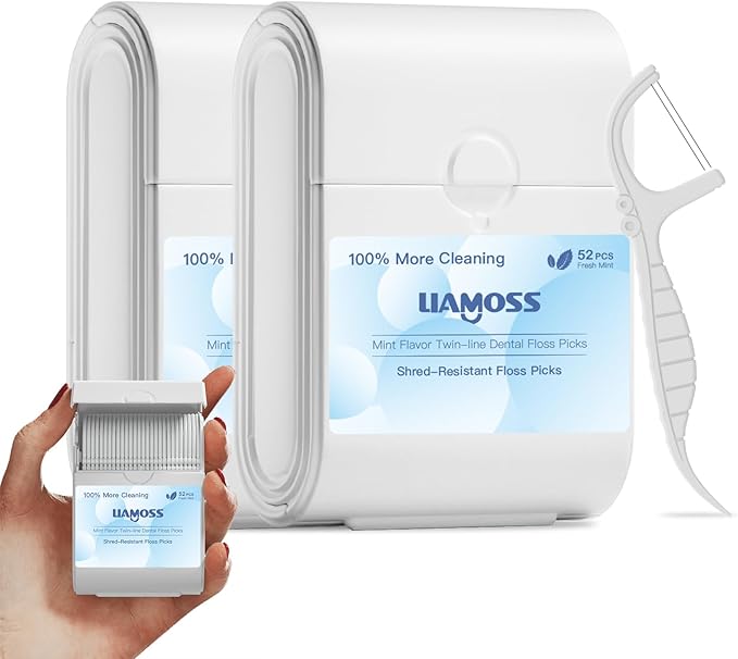 Twin Line Floss Picks Handy Case,2 Box Toothpicks Portable Case 104 Count Shred Resistant Flossers for Adults,Comfort Floss Sticks,Perfect for Tight Teeth,Super-Cleansing Design(White)…