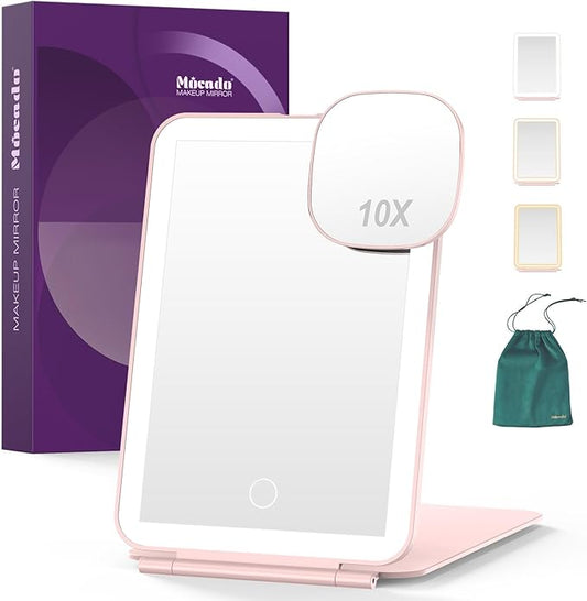 LED Foldable Travel Makeup Mirror - 5x6 inches3 Colors Light Modes USB Rechargeable Touch Screen, Portable Tabletop Cosmetic Mirror for Travel, Cosmetic, Office (Pink)