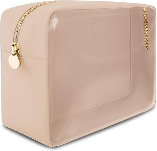 Large Clear Makeup Bag TSA-Approved Travel Cosmetic Pouch Spacious Transparent Toiletry Bag for Women and Girls Waterproof Clear Organizer Case Beige