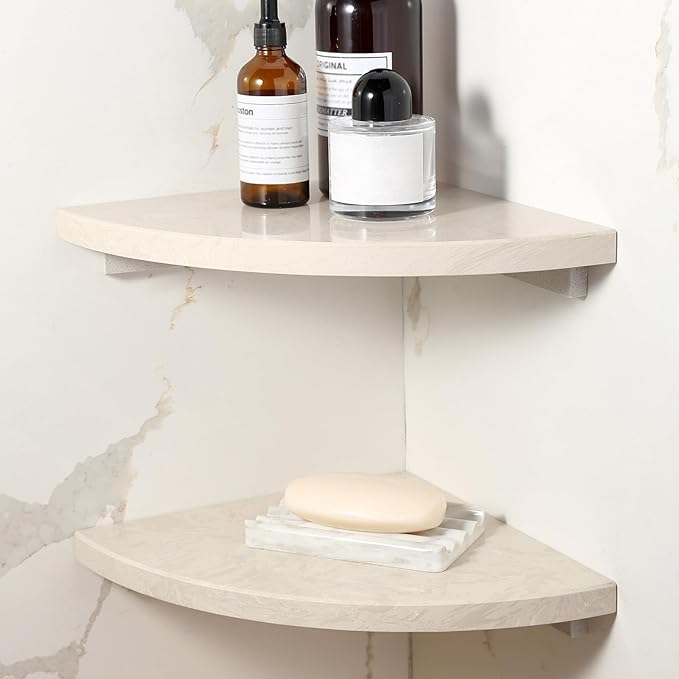 Koville Italian Natural Marble Corner Shelf, 2 Pcs Wall Mounted Marble Bathroom Corner Shelves Organizers, Polished Stone Corner Shower Caddy, No Drilling Adhesive Shower Caddies - Khaki Rose