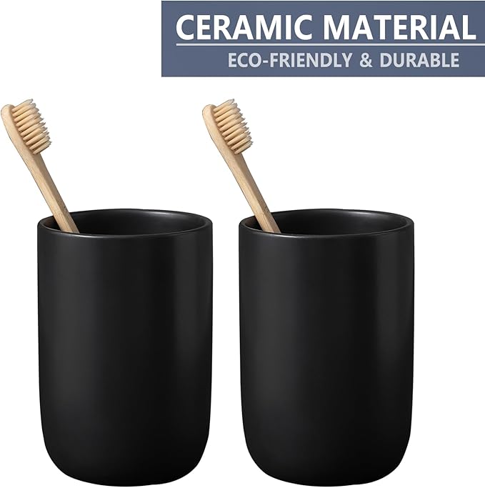 Matte Black Toothbrush Holders for Bathrooms - 2 Cups Ceramic Toothbrush Toothpaste Holders Set, Black Bathroom Tumbler Cups Reusable Toothbrush Cup Black Mouthwash Cup, Bathroom Counter Organizer
