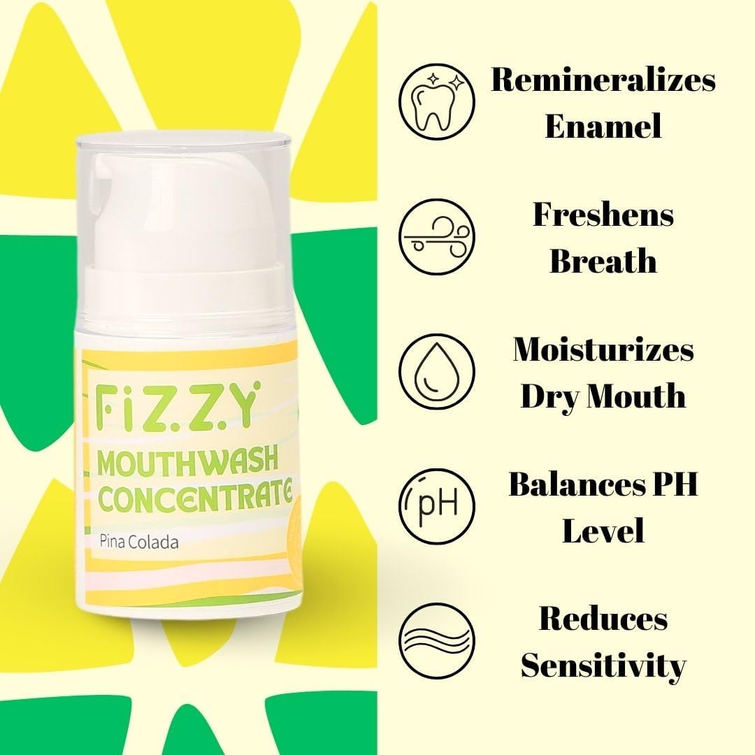 Fizzy Mouthwash Concentrate | Remineralizing Enamel Repair, Nano Hydroxyapatite | 20X Concentrated Travel Size | No Fluoride, Alcohol, Dye | Xylitol, Dry Mouth | Kids & Adults | Pina Colada