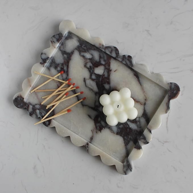 Natural Luxury Scalloped Marble Tray 10.8"x8", Rectangle Vanity Tray for Bathroom Kitchen Counter, Decorative Tray for Dresser Home Decor - Calacatta Purple