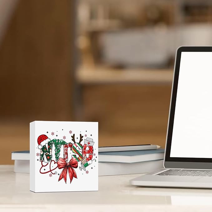 Red Bow Christmas Nurse Wooden Box Sign, Nurses Gifts for Christmas, Holiday Winter Xmas Nurse Wood Block Plaque Signs for Nursing Office School Home Desk Table Shelf Decor, 5x5 Inch