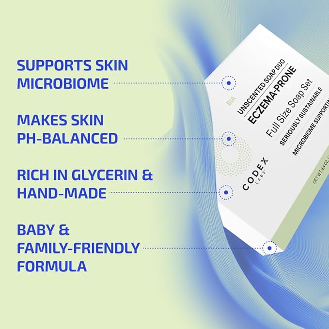 Codex Labs Eczema Soap for Kids & Adults – 2-Pack Unscented Eczema Hand Soap Bars with Shea Butter, Olive Oil & Calendula – Microbiome-Supporting, pH-Balanced, Clinically Tested – 8.4 oz Total