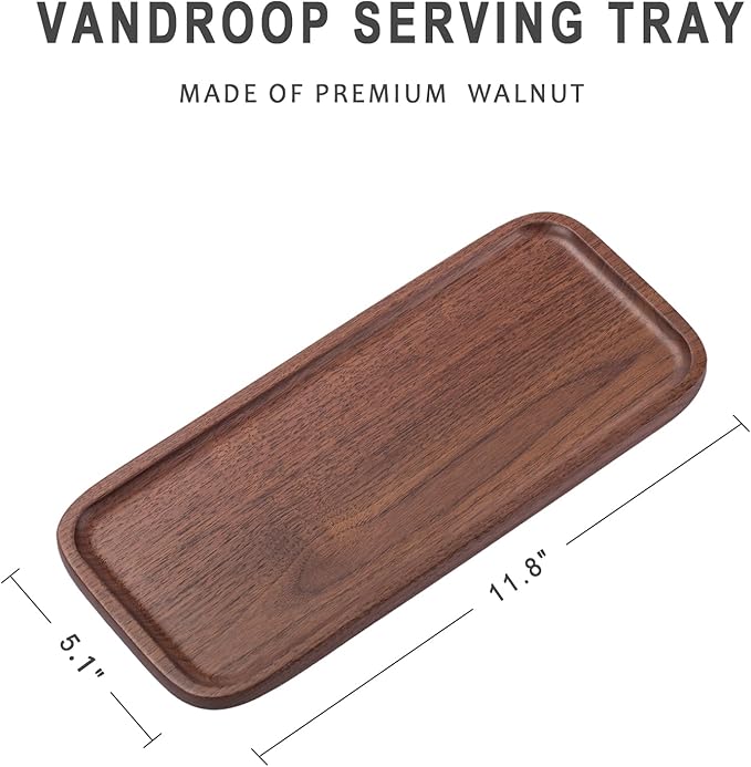 Wood Serving Tray, Small Trays for Storage, Rectangle Wooden Plates for Serving Food, Tea and Coffee, Decorative Vanity Tray for Bathroom, Tray for Kitchen Counter(Set of 2, Walnut)
