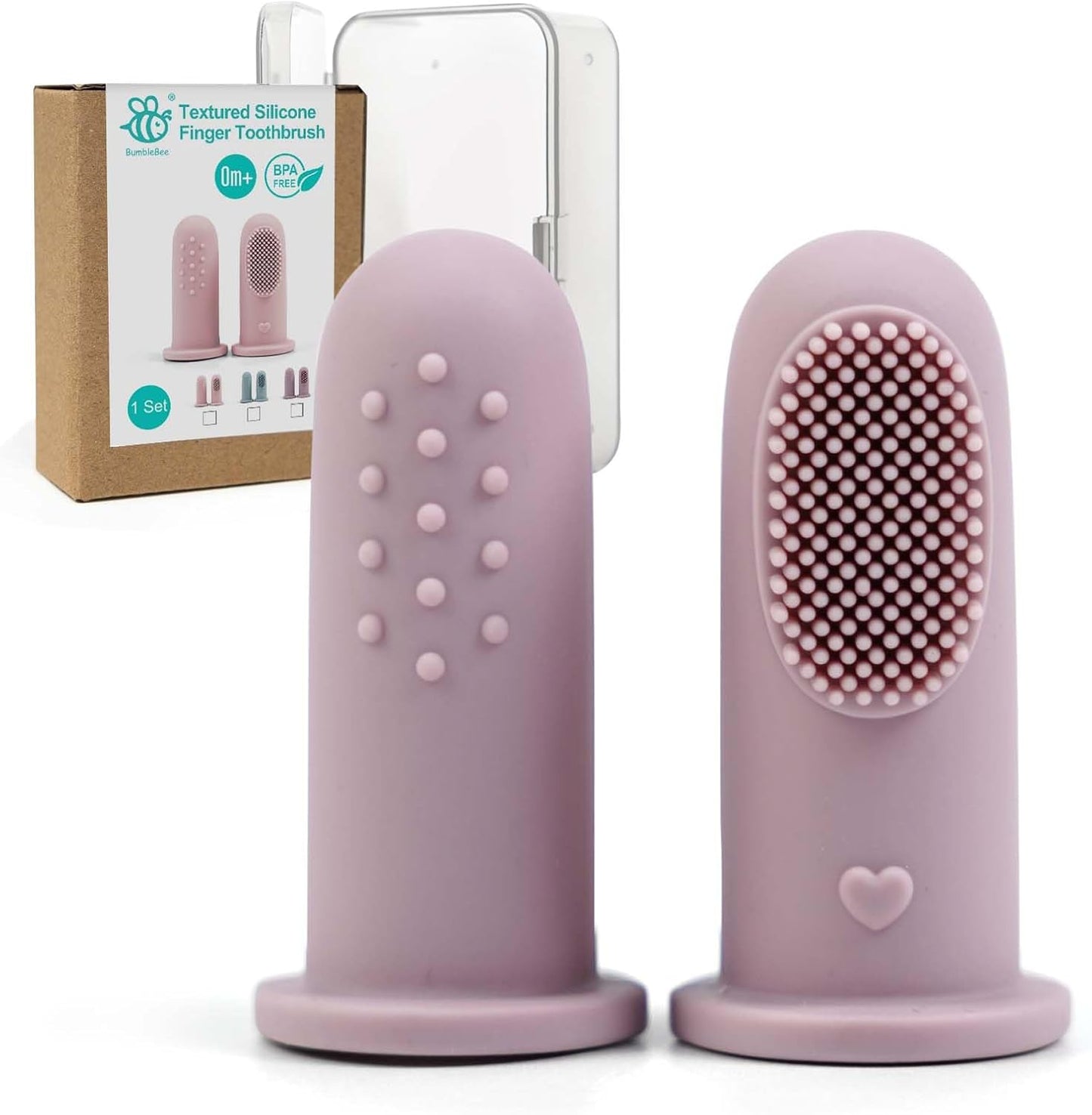BumbleBee Silicone Baby Finger Toothbrush, Oral Cleaning & Teething Brush for Infants & Toddlers, 0 Months+, 2 Count with Travel Storage Case - Purple