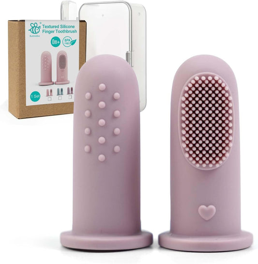 BumbleBee Silicone Baby Finger Toothbrush, Oral Cleaning & Teething Brush for Infants & Toddlers, 0 Months+, 2 Count with Travel Storage Case - Purple