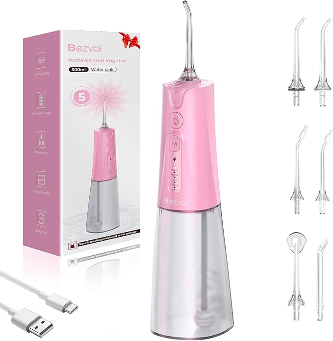 Water Flosser Teeth Pick: 5 Modes Cordless Water Dental Floss 300ML Portable Rechargeable IPX7 Waterproof Electric Water Flossing Cleaning Picks with 6 Jet Tips Oral Irrigator Cleaner, Pink