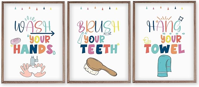 Wash Your Hands Sign Bathroom Decor for Kids - 12x16 Inch Each x3 Canvas Wall Art for Toddler Decor, Frameless Kids Bathroom Wall Art with Quotes, Waterproof and Easy to Clean, for Room Decoration