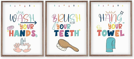 Wash Your Hands Sign Bathroom Decor for Kids - 12x16 Inch Each x3 Canvas Wall Art for Toddler Decor, Frameless Kids Bathroom Wall Art with Quotes, Waterproof and Easy to Clean, for Room Decoration