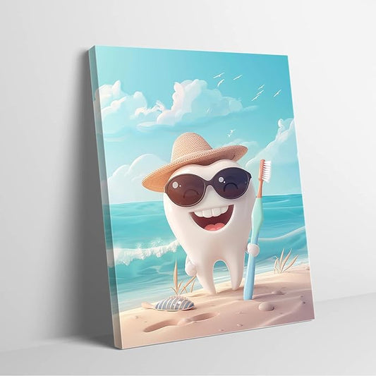 SchindlerBang Dental Clinic Office Decor,Cute Tooth Beach Art Print,Summer-Themed Wall Decor for Dentists,Kids' Rooms,or Offices,Bright and Fun,8x12inch Ready to Hang
