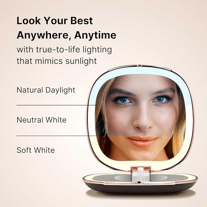 Fancii Mila 2 Compact Magnifying Makeup Mirror with LED Light, Rechargeable, 10x /1x Magnification, Tru-Glow Lighting System, Vegan Leather, Small Travel Mirror for Purses (Midnight Majesty)