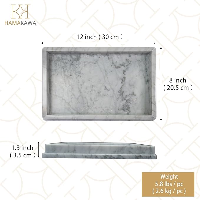 Large Natural Marble Bathroom Vanity Tray 12 inch, Carrara White Stone Jewelry Tray, Rectangle Sink Trays, Modern Tank Trays, Countertop Organizer for Soap Dispenser, Kitchen, Home Decor