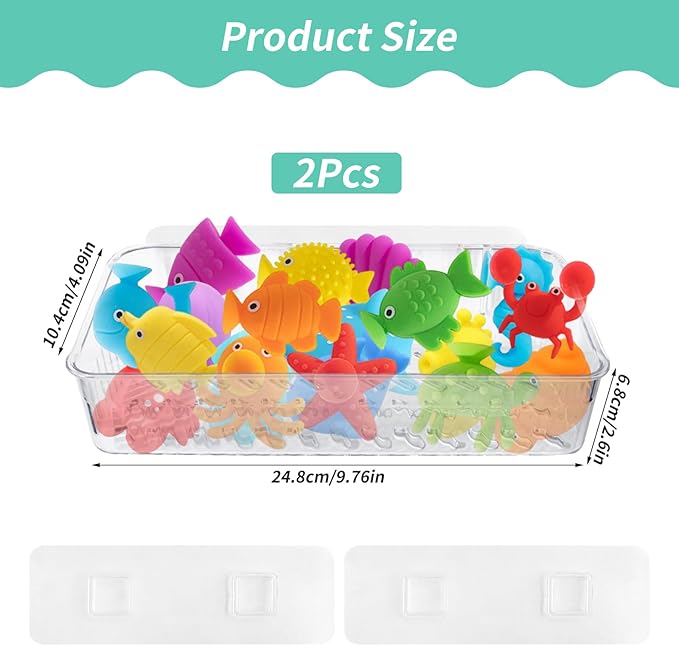 2 Pack Bath Toy Storage Holder Bathtub Toy Organizer, Clear Bath Organizer Wall Mounted, Quick-Dry Bathtub Storage with Drain Holes, Easy Install and Clean Shower Caddy for Bathroom