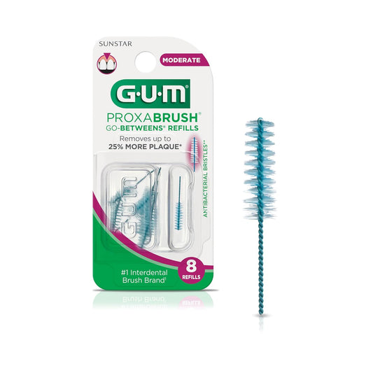 GUM Proxabrush Go-Betweens Refills - Moderate - Compatible with GUM Permanent Handle - Reusable Interdental Brushes - Soft Bristled Dental Picks, 8 Count