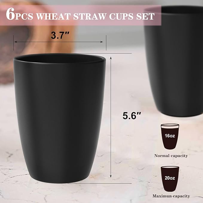 Homienly Wheat Straw Cups, 20 OZ Drinking Cups Set of 6, Plastic Cups Reusable, Stackable Kitchen Cups Set, Dishwasher Safe Water Glasses, Unbreakable Drinking Glasses for Camping, Traveling - Black