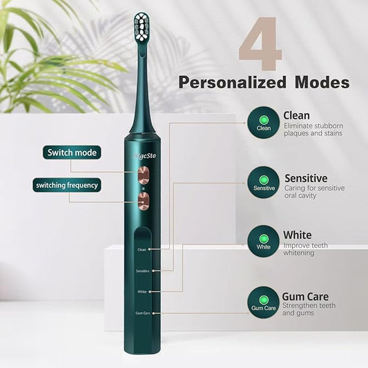 Electric Toothbrush w UV Sanitizer Cup - 4 Modes and 3-Speed Switching - Powerful Toothbrush - 48,000 VPM Motor and Wireless Charging w Smart Timer (Green)