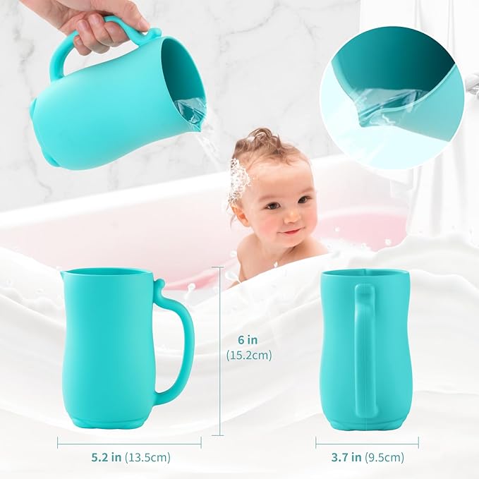 Baby Bath Rinse Cup Shower Shampoo Bowl Water Bath Bucket, Toddler Bath Toys Cup Water Containers Wash Essentials (Cat-Turquoise)