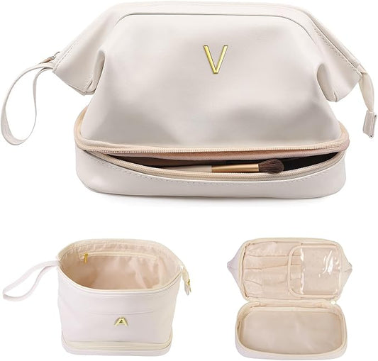 Bridesmaid Gifts for Women, Initial Makeup Bag,Gifts for Girls 12-14 Cosmetic Bag with Makeup Brush Organizer, Large Capacity PU Leather Travel Toiletry Bag, Initial Bags for Women