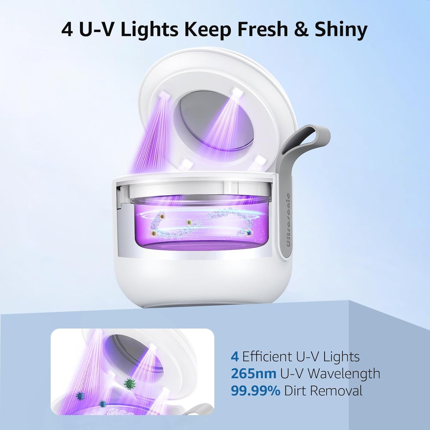 Ultrasonic Retainer Cleaner Machine: 48kHz Rechargeable Cordless Denture Cleaner - Waterproof Ultrasonic Jewelry Cleaner - 200ML Dental Cleaning Pod for Mouth Guard, Aligner, White