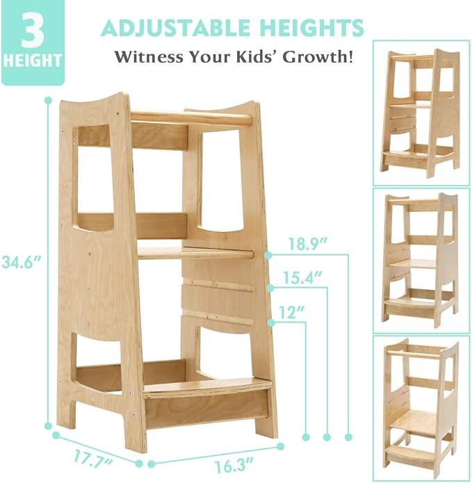 Toddler Kitchen Step Stool with Safety Rail Kids Wooden Standing Tower for Kitchen Counter and Bathroom Sink, 3 Heights Adjustable Step Up Stool Mothers' Helper, Solid Wood Construction, Natural