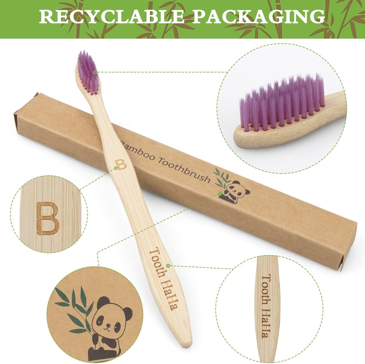 Bamboo Toothbrushes, 10 Pack BPA-Free Soft Tapered Bristles, Eco-Friendly, Natural Wooden, Green Toothbrush, Organic Toothbrushes Travel Set