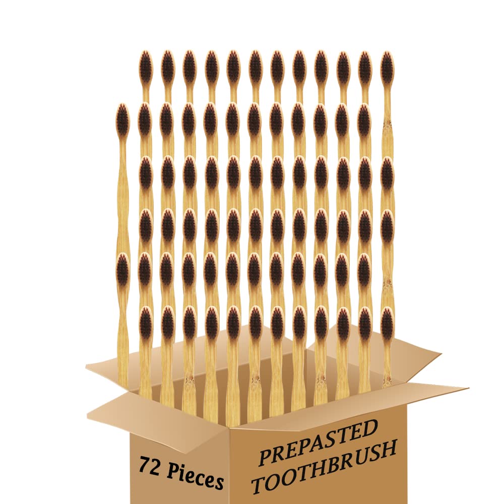 Bamboo Toothbrush Prepasted Disposable Toothbrsuh Soft Bristles Prepasted Toothbrush,Disposable Toothbrsuh (72 Pieces Brown)
