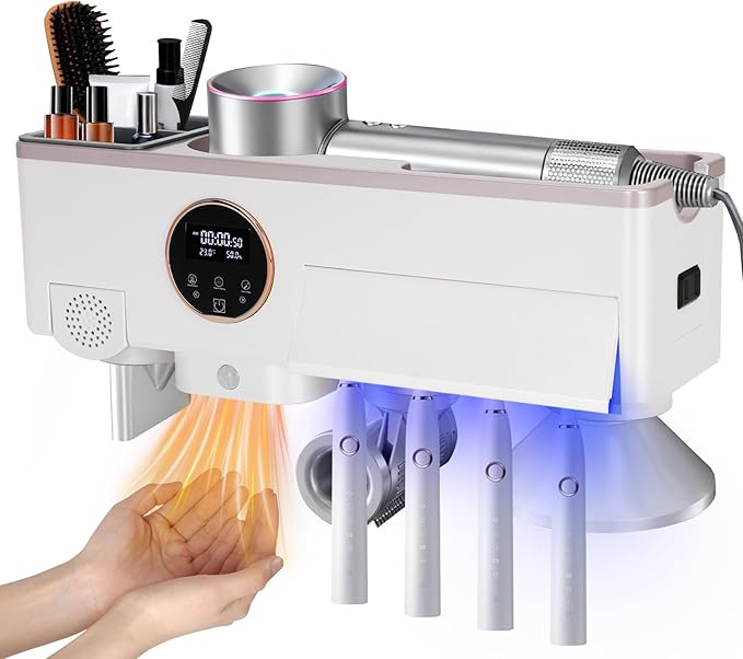 Toothbrush Holder with UV Toothbrush Sanitizer, White Hair Dryer Holder with Timer Function and Touch Screen, Smart Home Bathroom Accessories with Automatic Hand Drying and Sensor Light for Bathroom