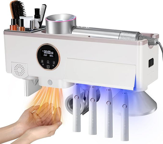 Toothbrush Holder with UV Toothbrush Sanitizer, White Hair Dryer Holder with Timer Function and Touch Screen, Smart Home Bathroom Accessories with Automatic Hand Drying and Sensor Light for Bathroom