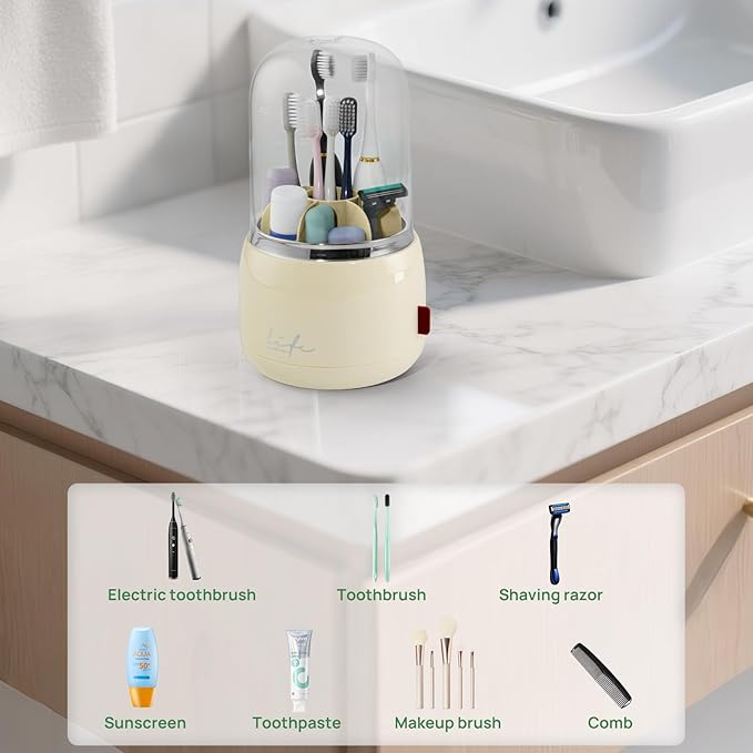 Toothbrush Holders for Bathrooms, Rotating 7 Slots Toothbrush Holder with Cover, Kids Electric Toothbrush and Toothpaste Holders for Caddy for Bathroom Vanity, Sink, Countertop, Beige